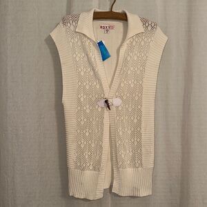 Roxy 8 Ivory Eyelet Rubbed Combo Knit One Button Front Long Sweater Vest